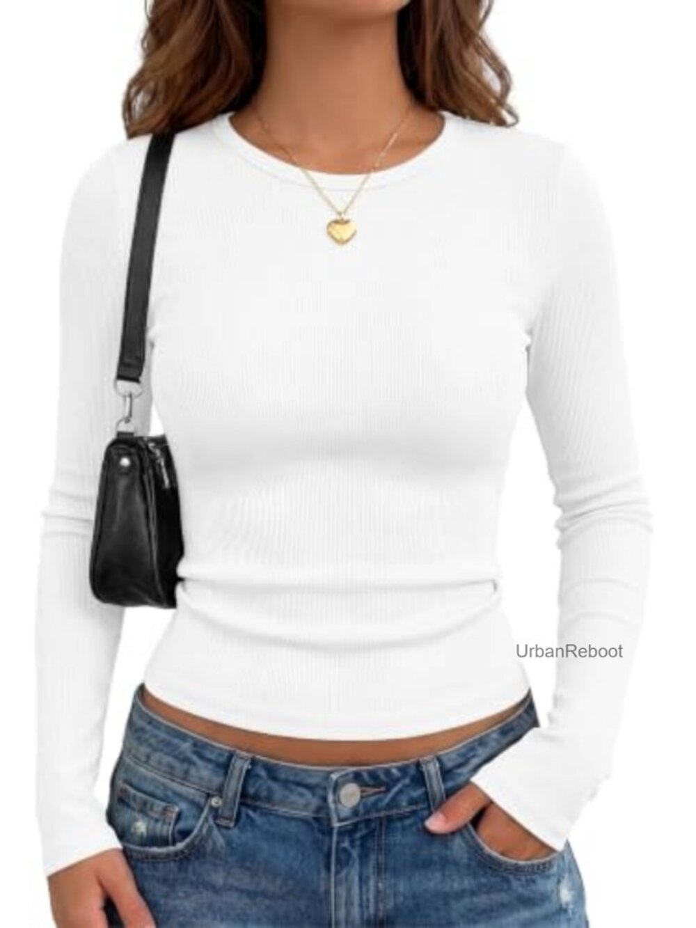 Ribbed Long Sleeve Crew Neck Fitted Top for Work & Casual
